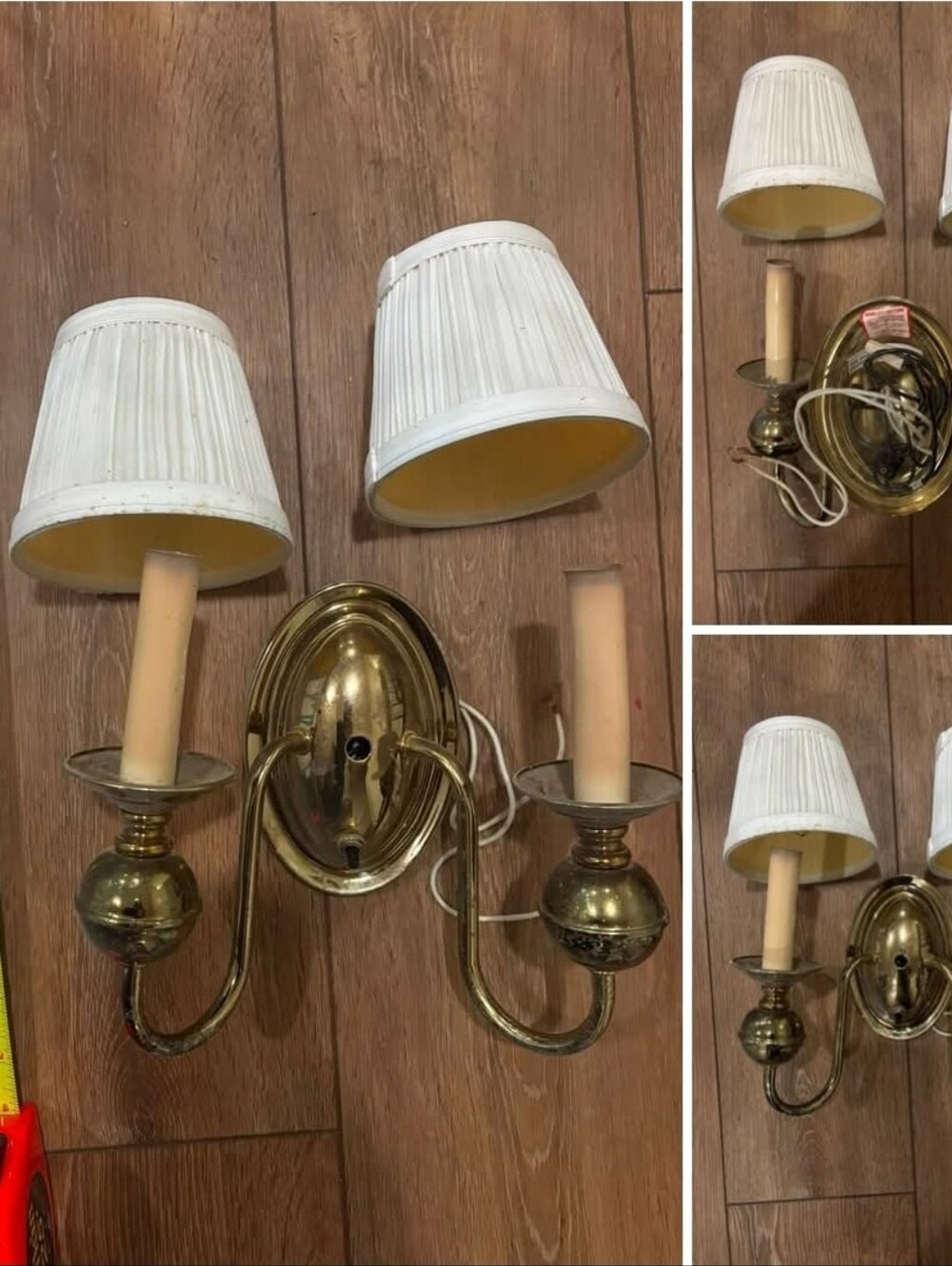 Vintage Hinkley Brass Double Arm Wall Sconces Pair + 4 Shades
